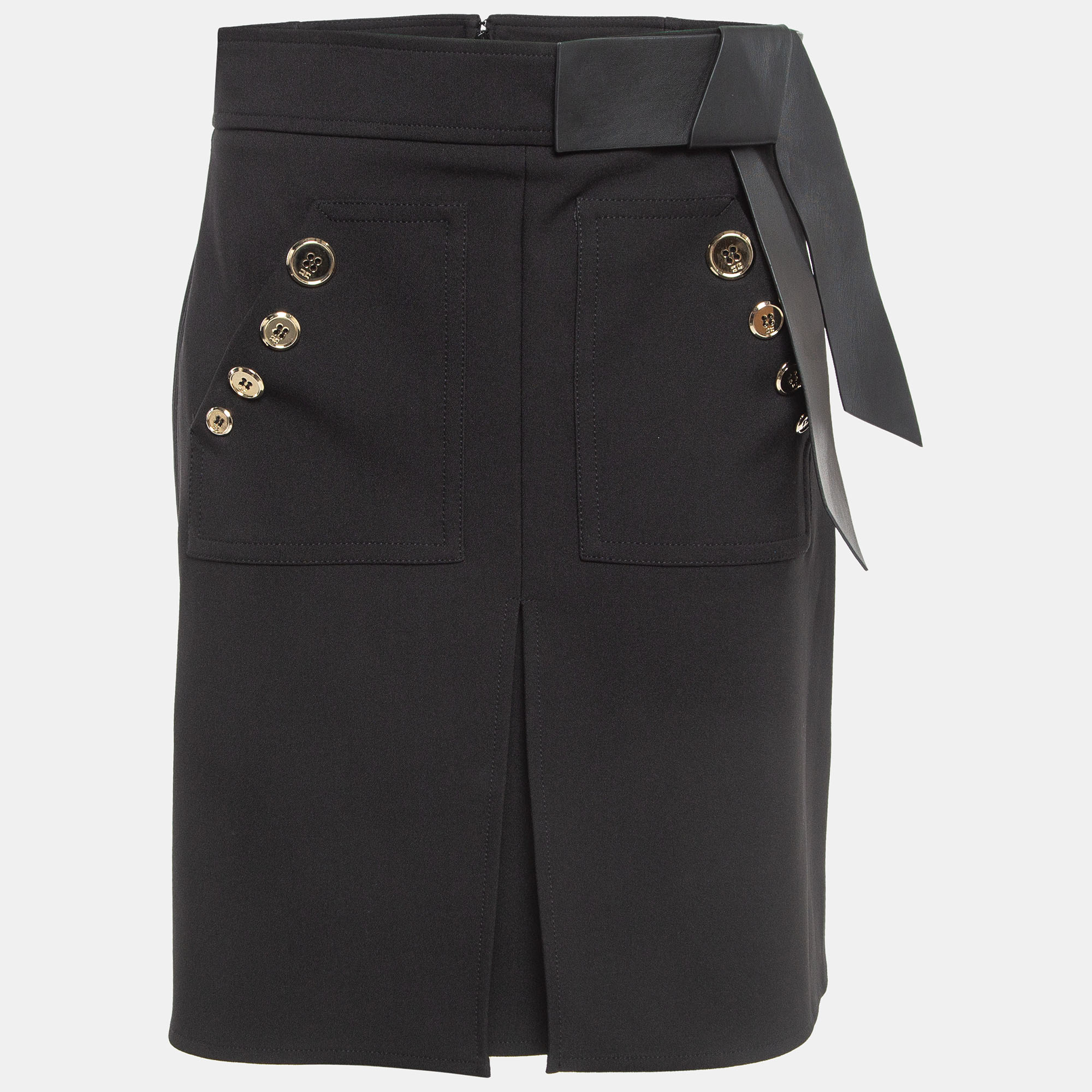 

Elisabetta Franchi Black Leather Trim Stretch Crepe Button Detail Mini Skirt L
