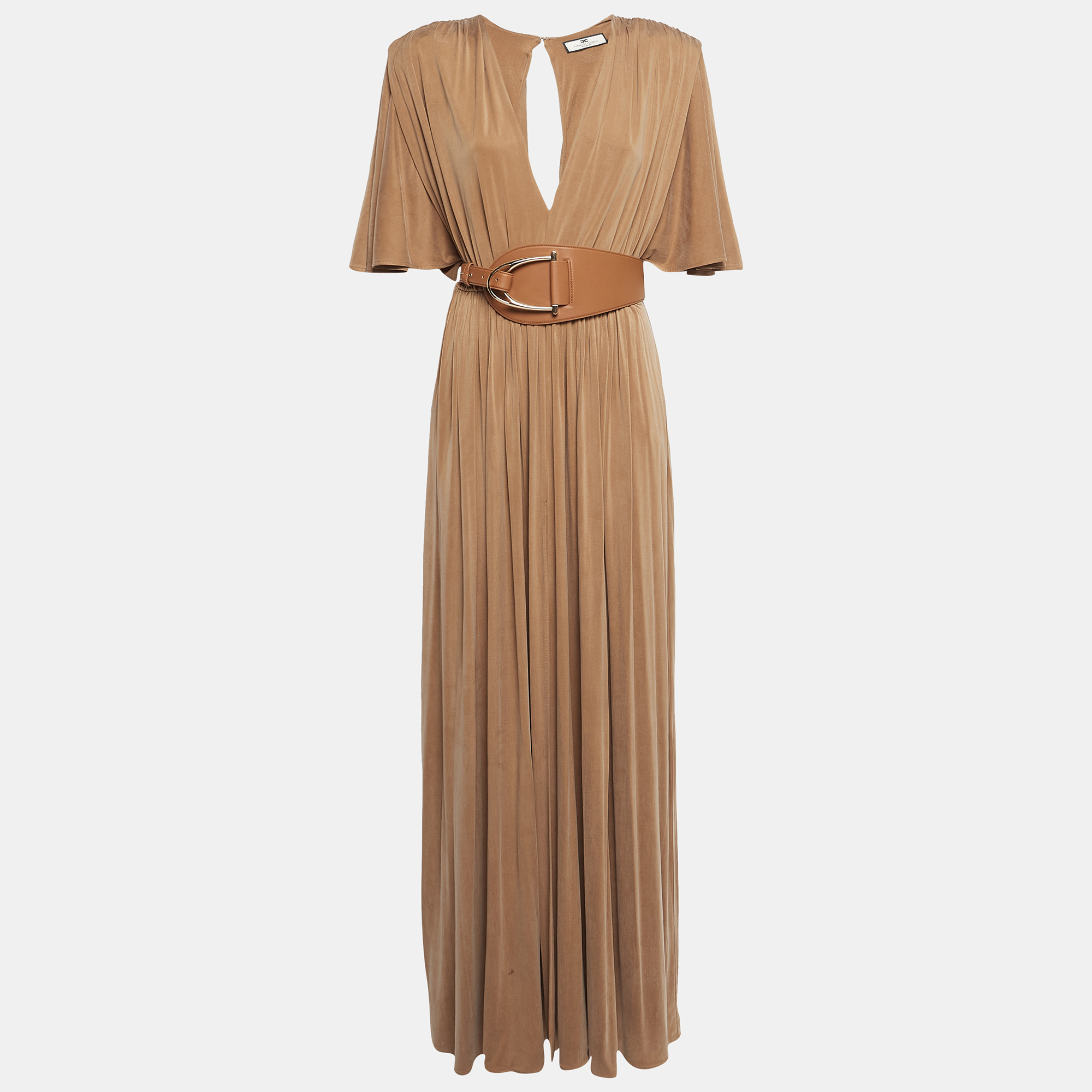 Pre-owned Elisabetta Franchi Brown Jersey Gathered Belter Maxi Dress M
