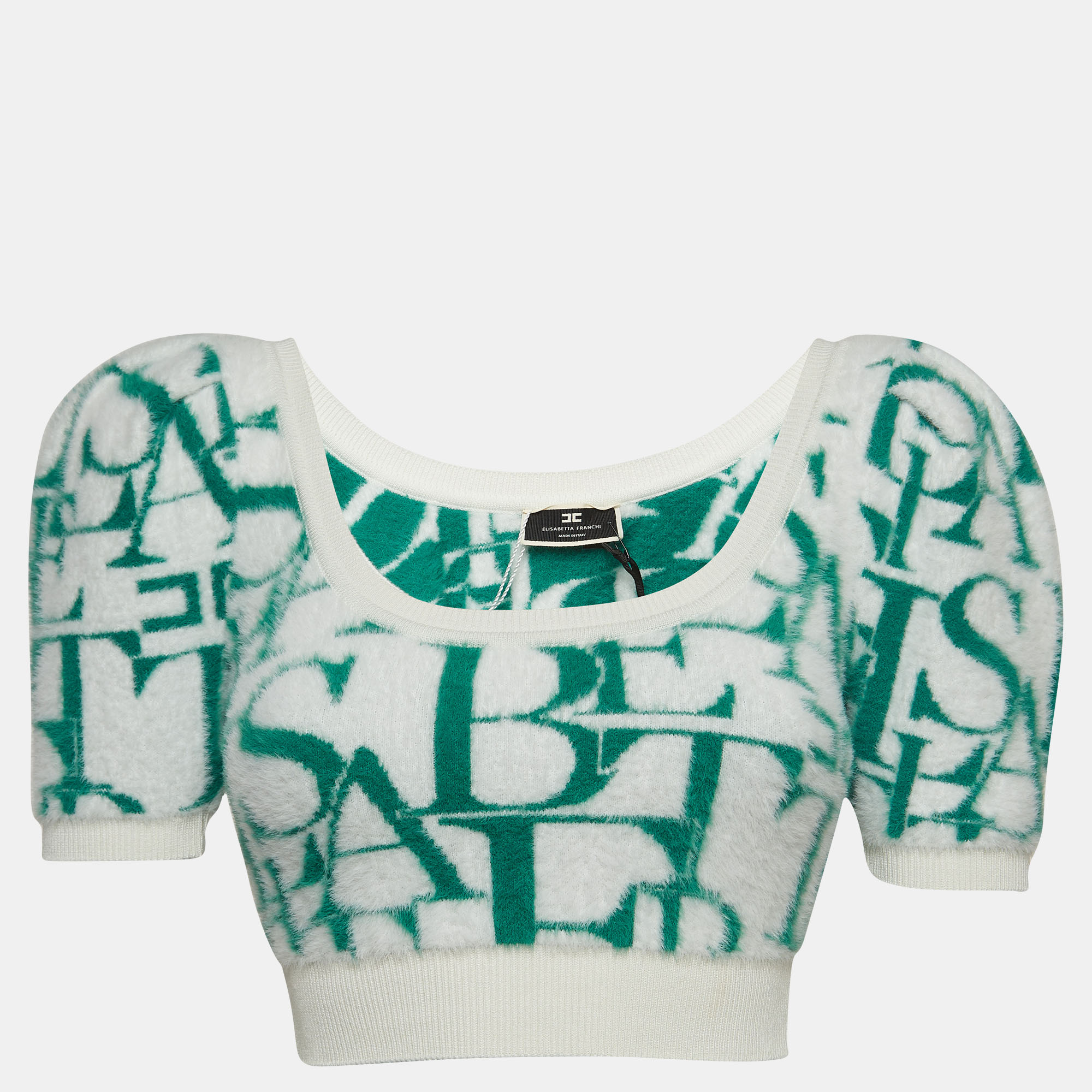 Pre-owned Elisabetta Franchi Green/white Lettering Fur Knit Balloon Sleeve Crop Top S