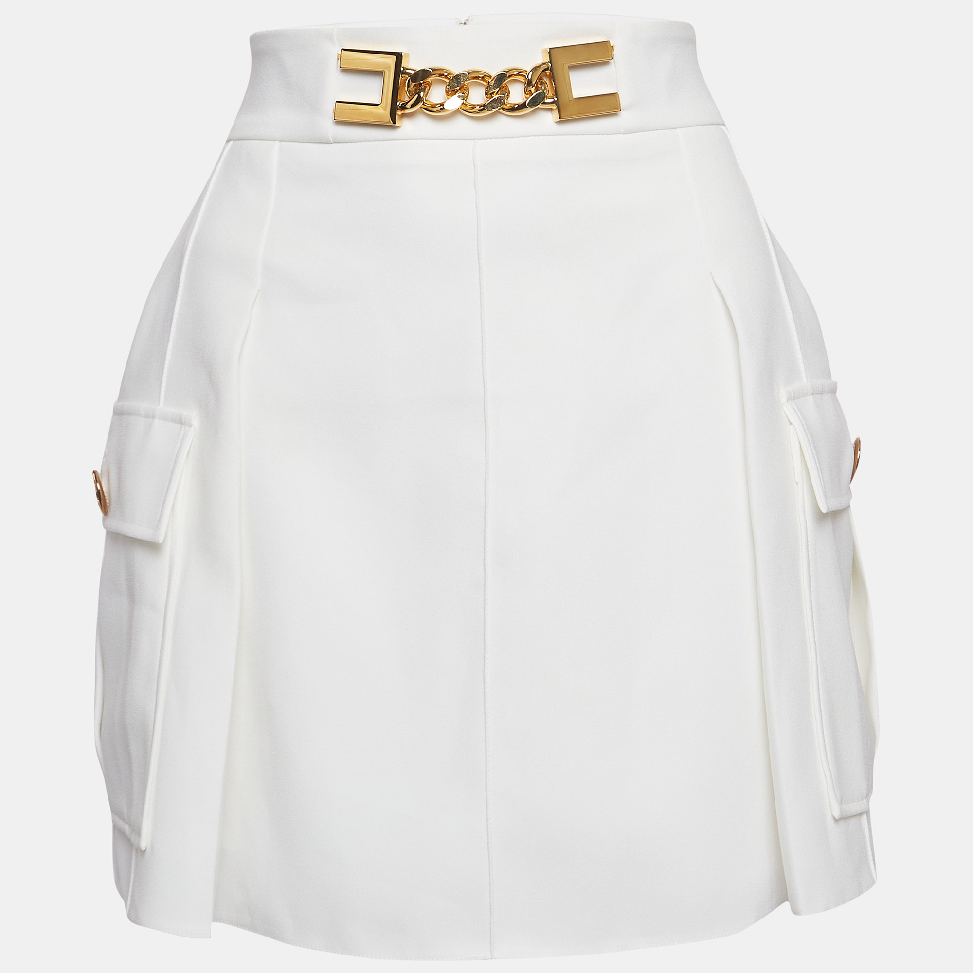 Elisabetta Franchi White Crepe Chain Detail Pleated Mini Skirt M