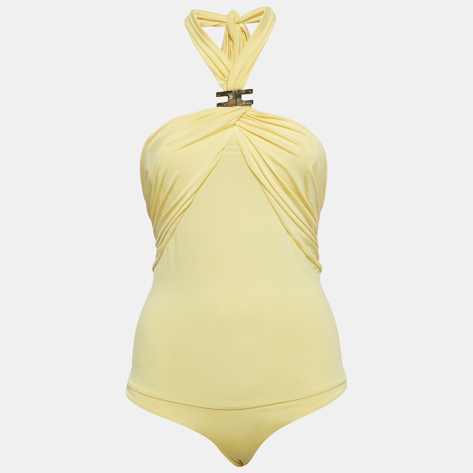 

Elisabetta Franchi Yellow Metallic Logo Jersey Ruched Tie-Up Neck Bodysuit