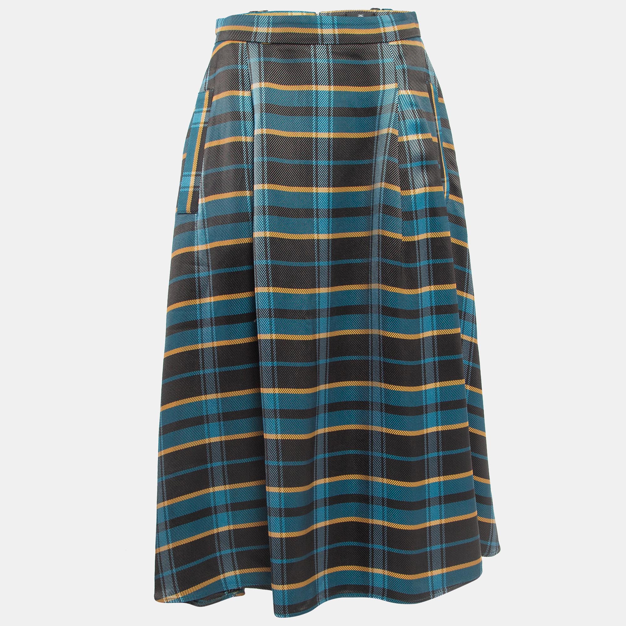 

Elisabetta Franchi Blue Tartan Check Twill Pleated Midi Skirt