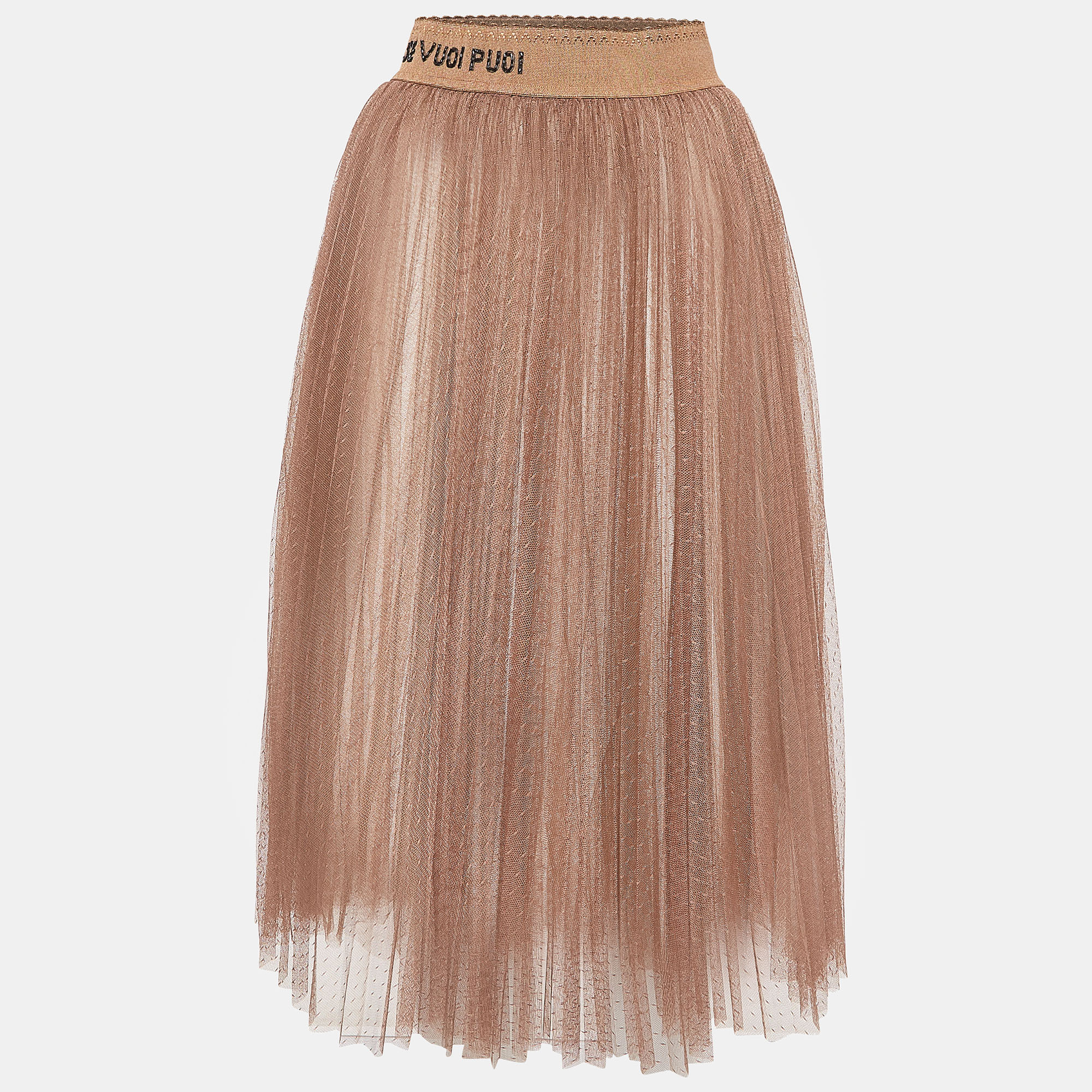 Brown Tulle Pleated Midi Skirt