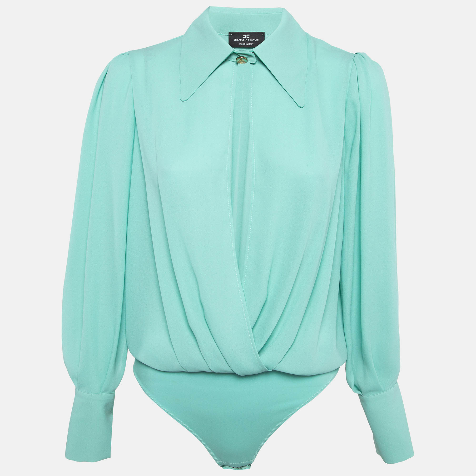 Pre-owned Elisabetta Franchi Tiffany Blue Chiffon Crossover Bodysuit Shirt M