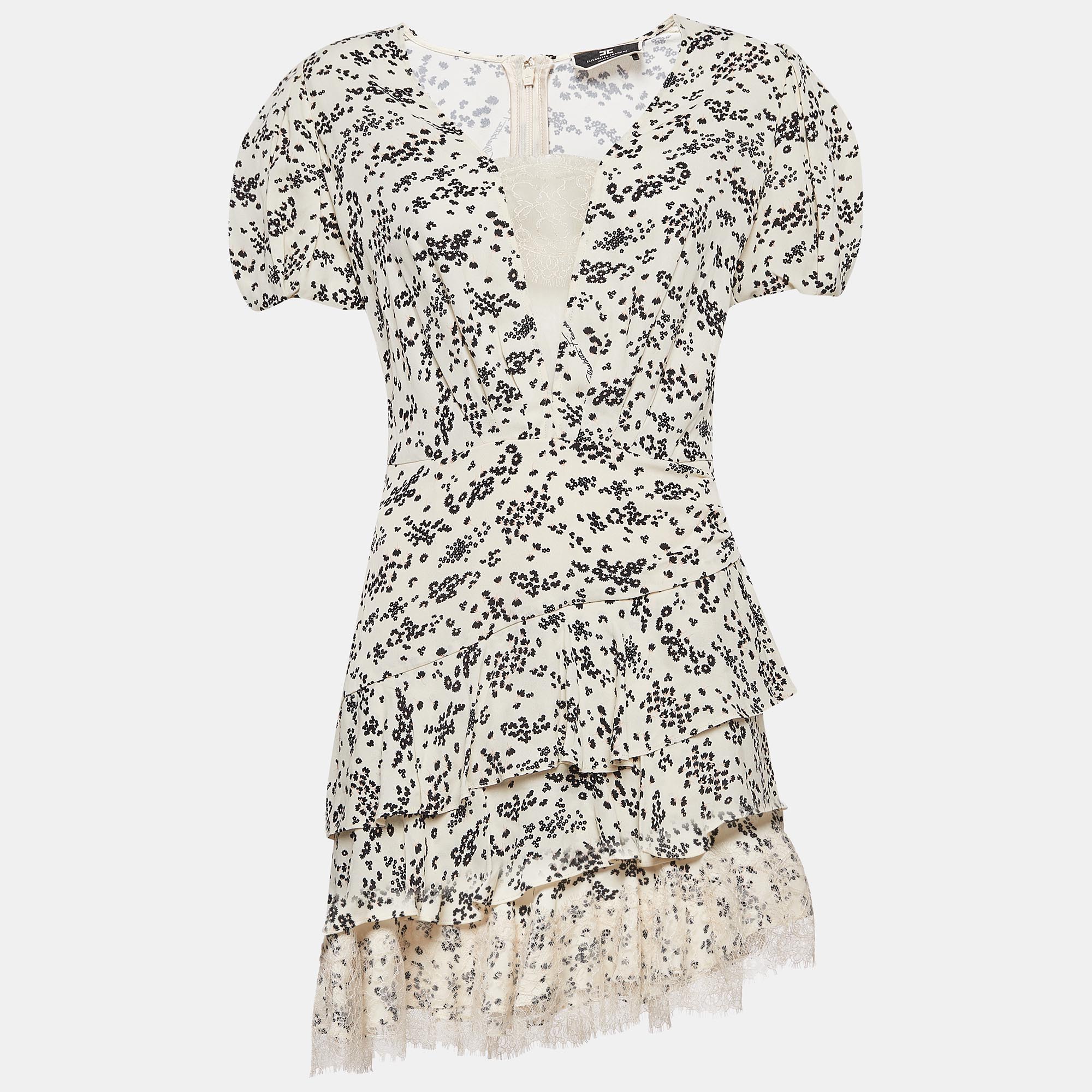 

Elisabetta Franchi Cream Floral Print Lace Trim Crepe Tiered Mini Dress M