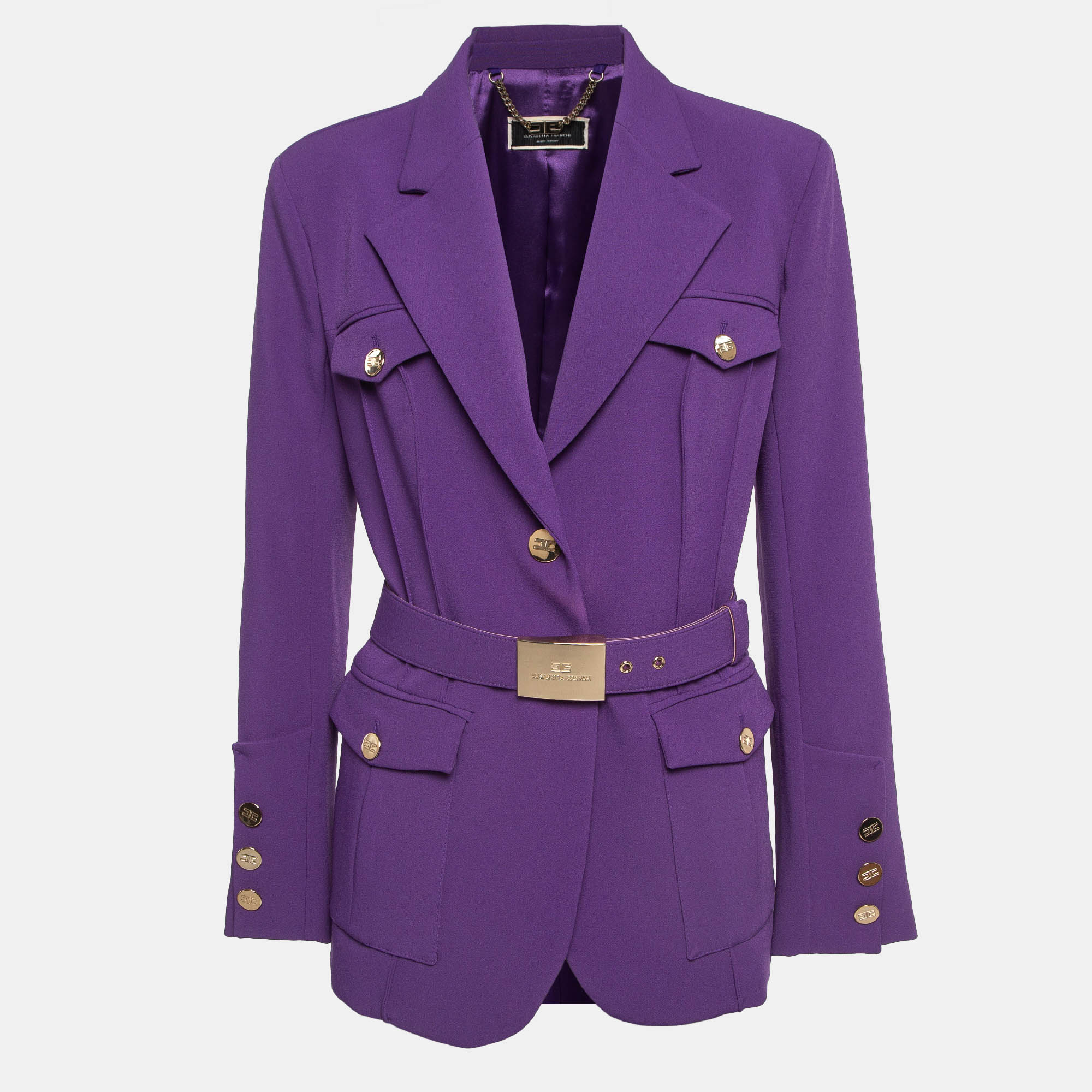 Pre-owned Elisabetta Franchi Purple Logo Belted Crepe Army-chic Jacket L