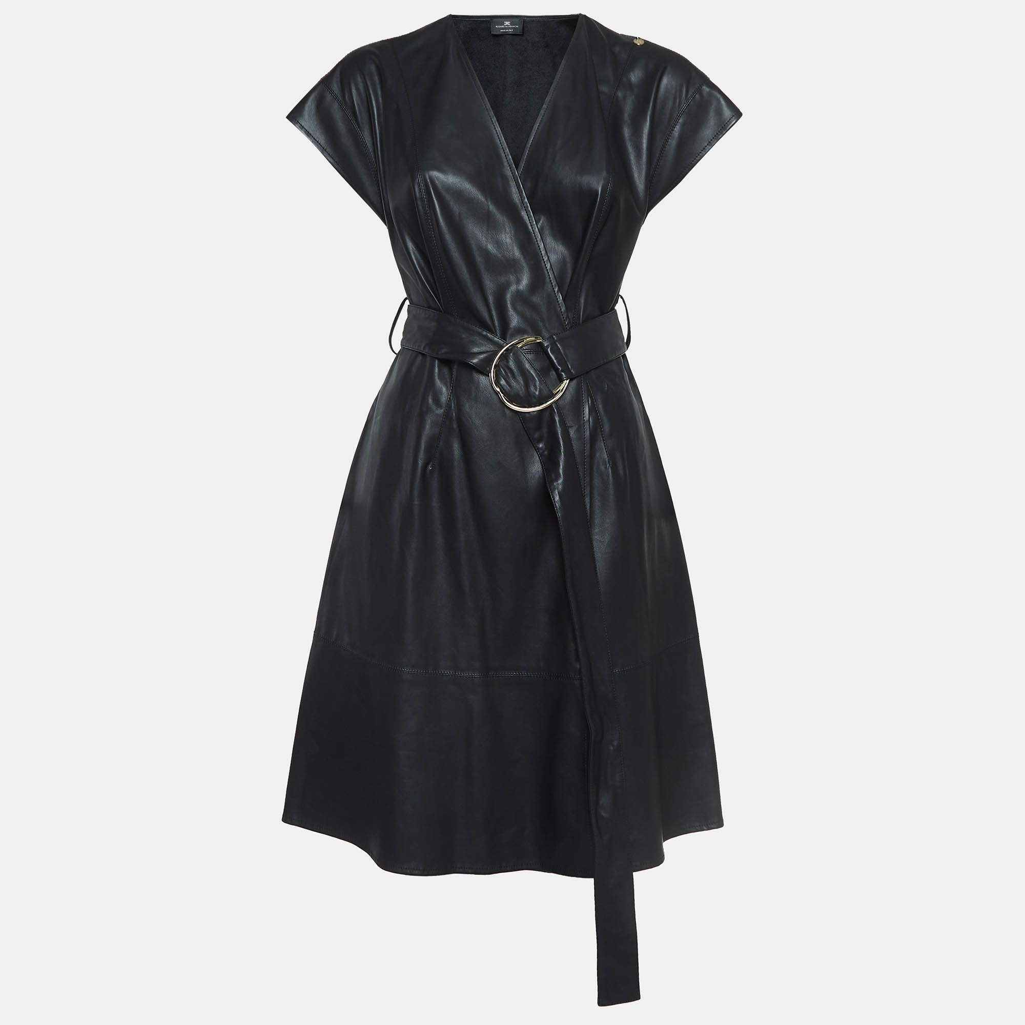 

Elisabetta Franchi Black Faux Leather Belted Short Wrap Dress M