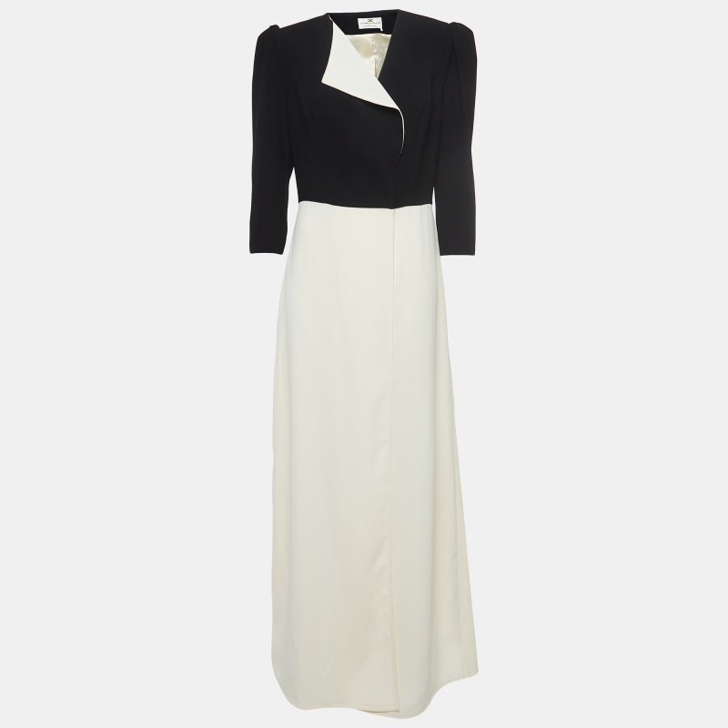 

Elisabetta Franchi Cream and Black Crepe Front Open Maxi Dress L