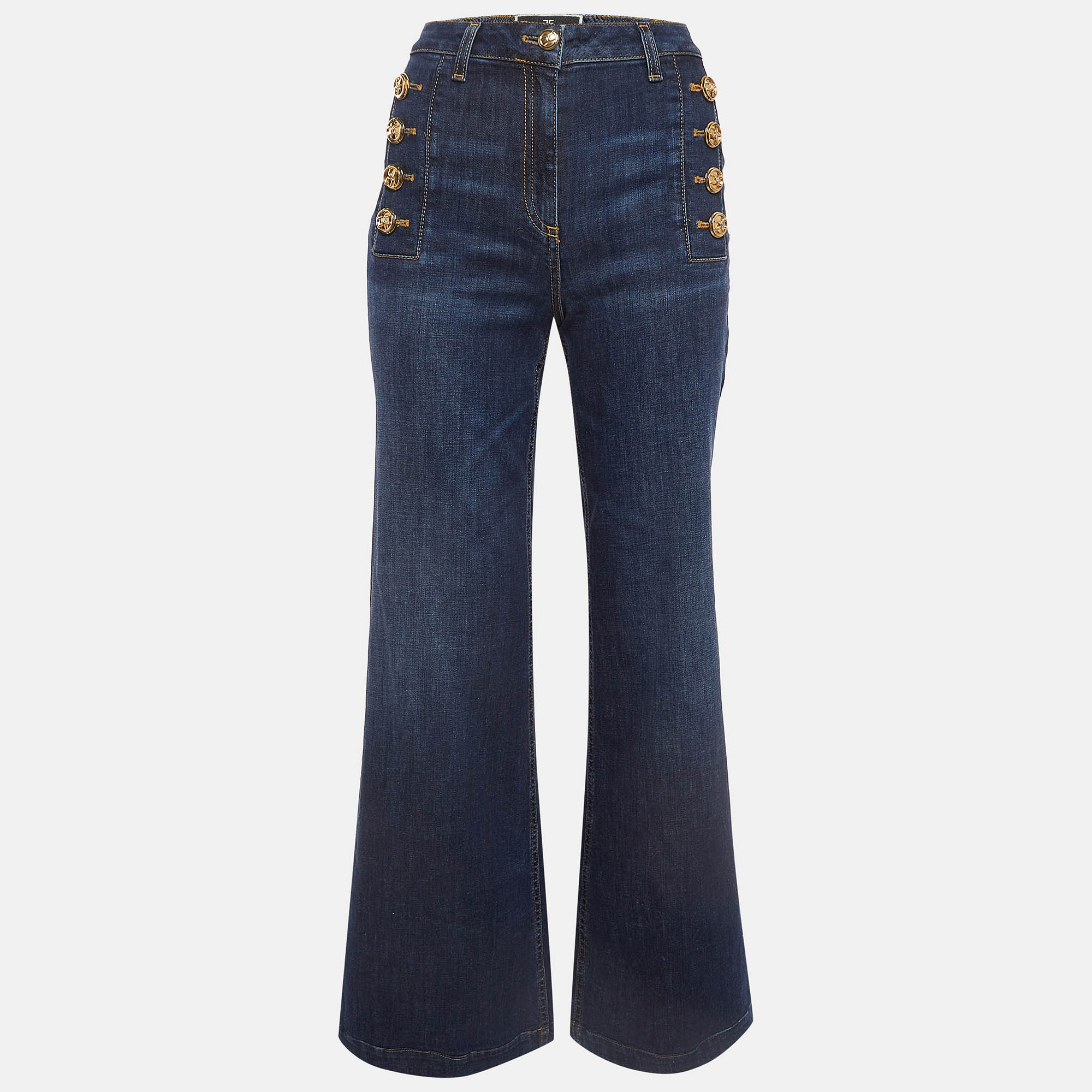

Elisabetta Franchi Blue Denim Button Detail Flared Jeans S Waist 26"