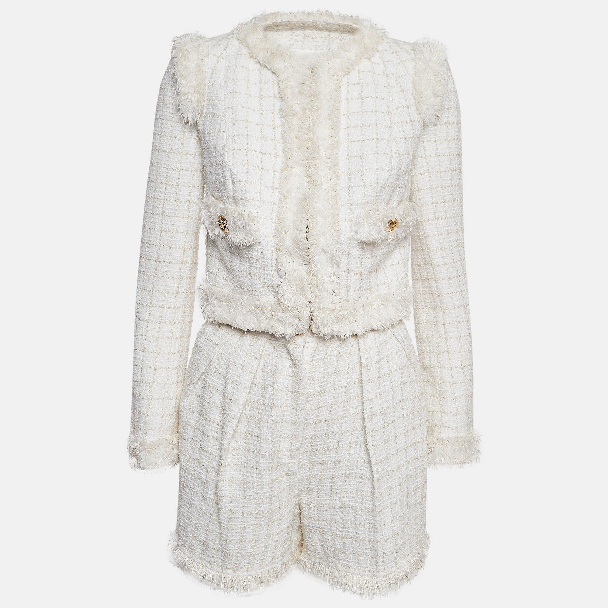 

Elisabetta Franchi Off-White Patterned Tweed Shorts and Blazer Set S