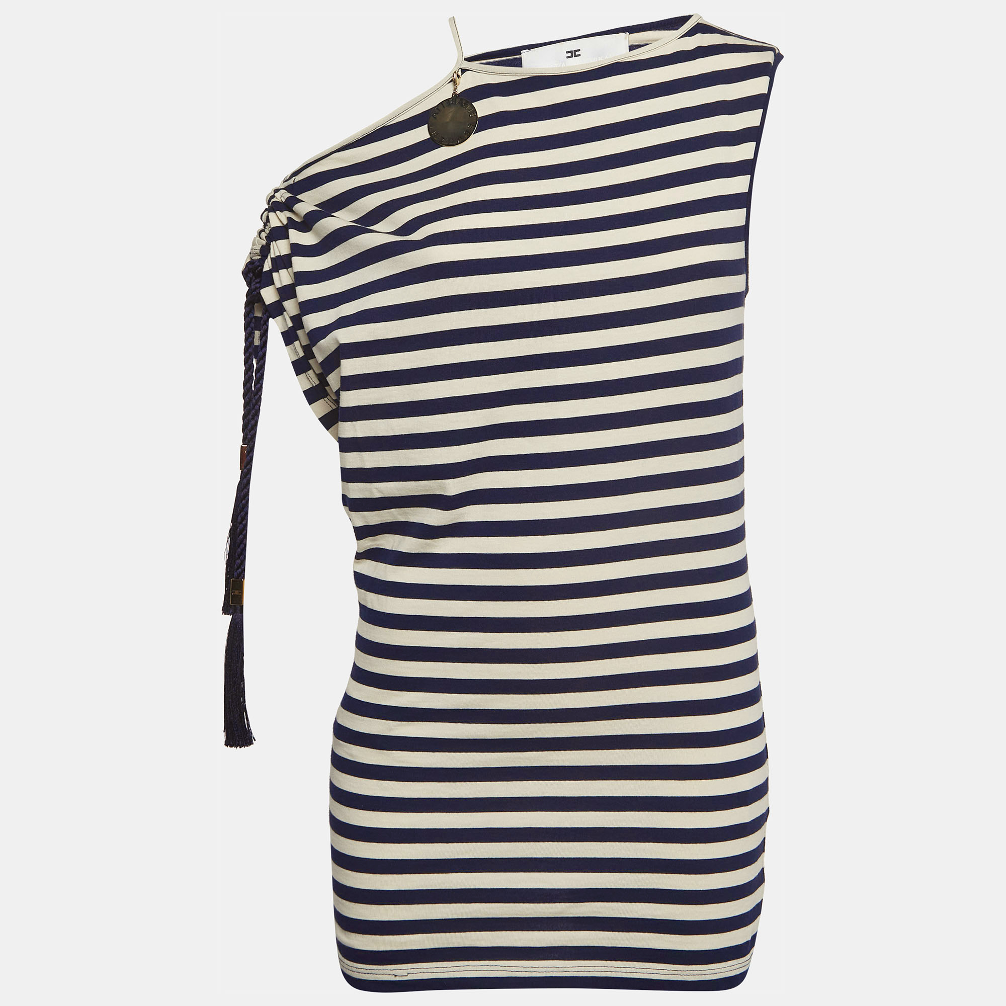 

Elisabetta Franchi Blue Marine Stripe Jersey Asymmetric Sleeve Top S