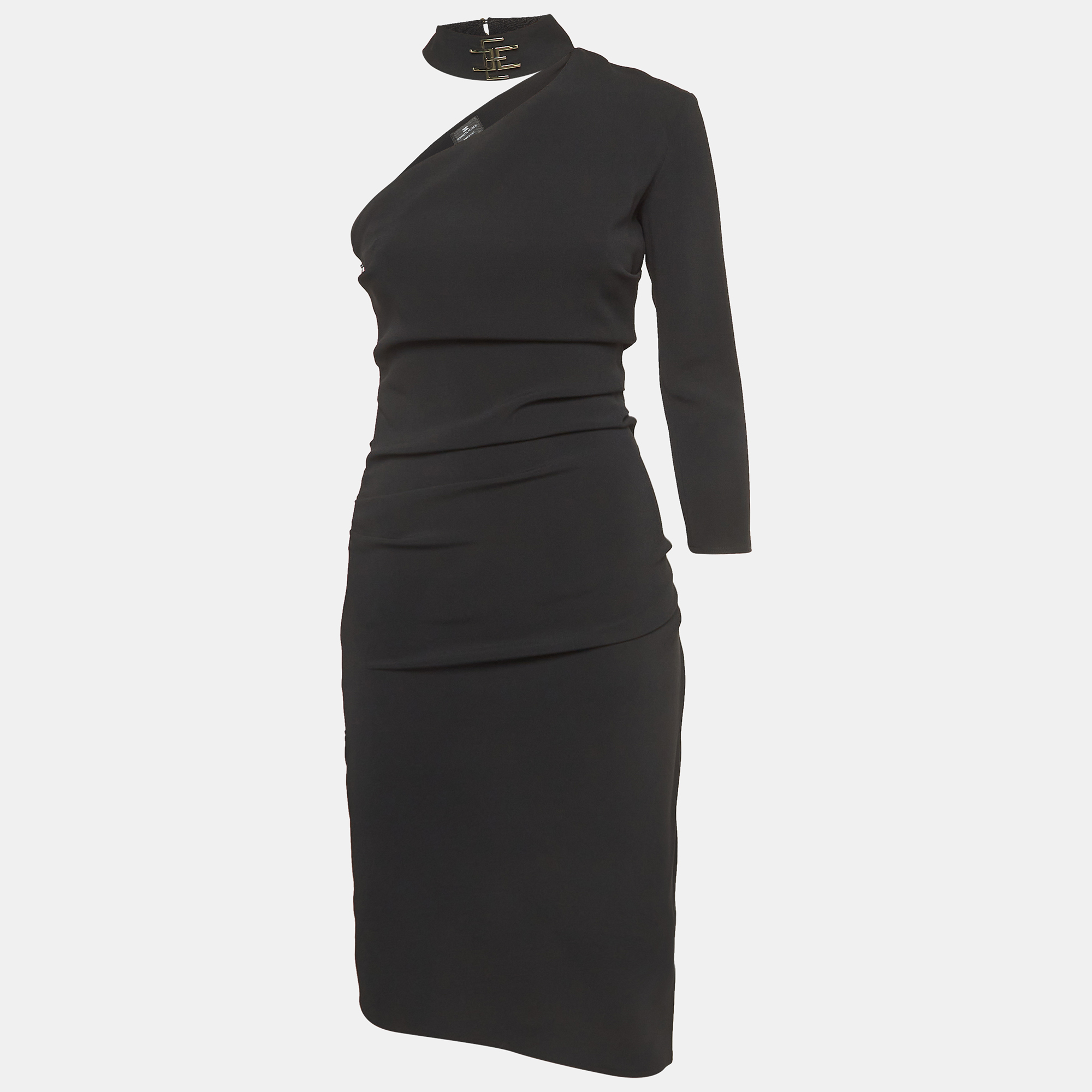 

Elisabetta Franchi Black Crepe Ruched Asymmetric Midi Dress M