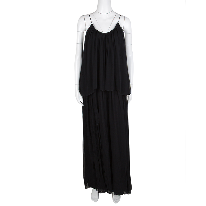 

Elizabeth and James Black Silk Chiffon Mael Blouson Maxi Dress