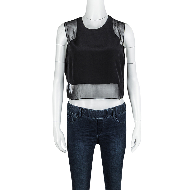 

Elizabeth and James Black Silk Sheer Panel Detail Crop Top