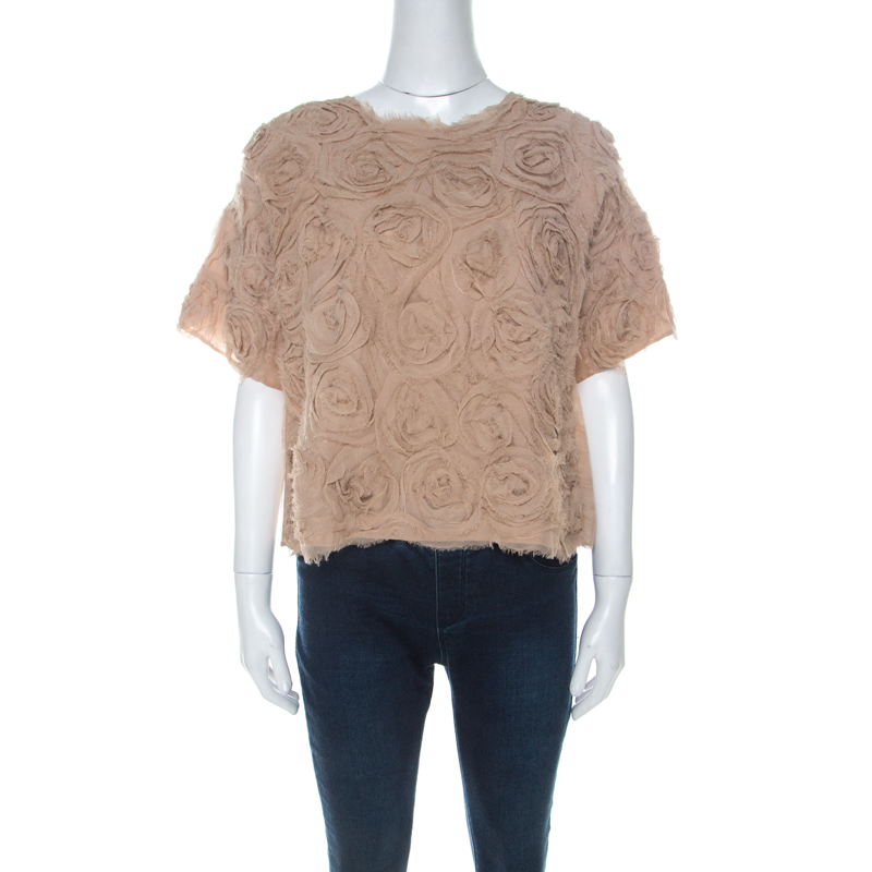 مملوكة مسبقًا Elizabeth & James Beige Silk Floral Applique Milena Rosette Top M
