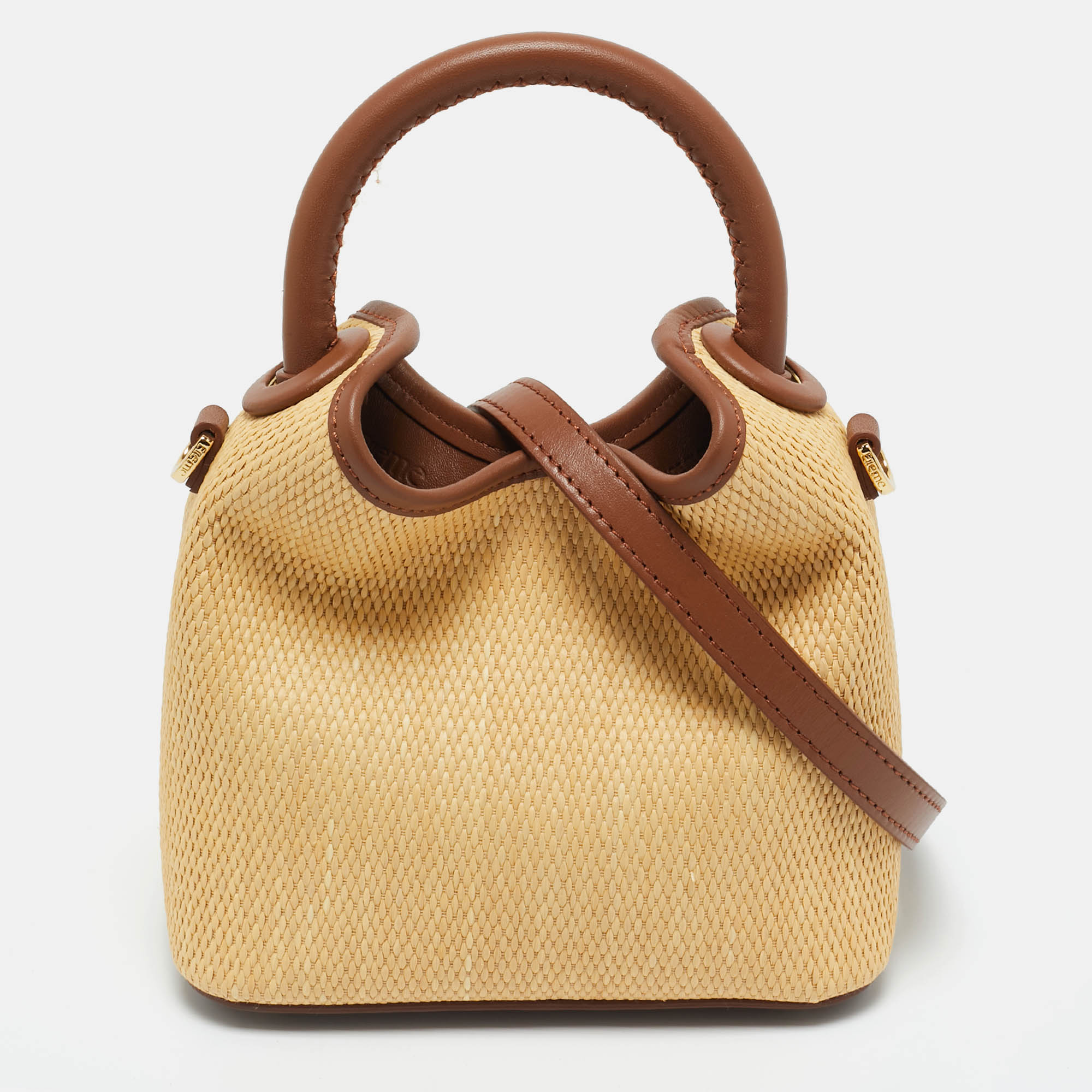 Pre-owned Elleme Cream/brown Leather And Raffia Baozi Bucket Bag In White