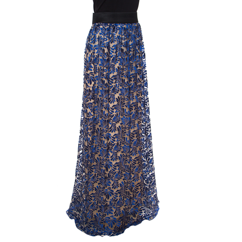 

Emanuel Ungaro Royal Blue Tulle Foliage Embroidered Maxi Skirt
