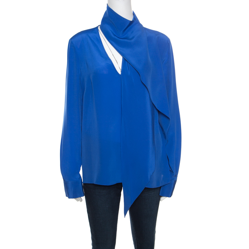 مملوكة مسبقًا بلوزة إيمانويل أونغاراو حرير أزرق ملكي رقبة ديرابيه أكمام طويلة L