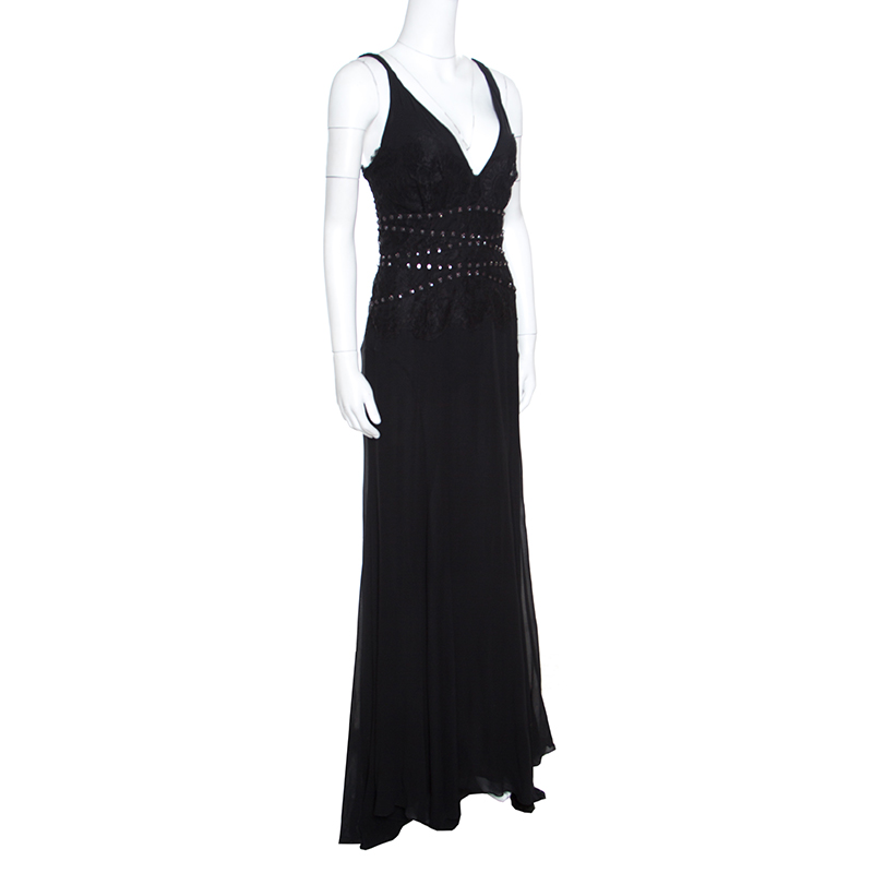 

Emanuel Ungaro Black Silk Lace Crystal Embellished Detail Evening Gown