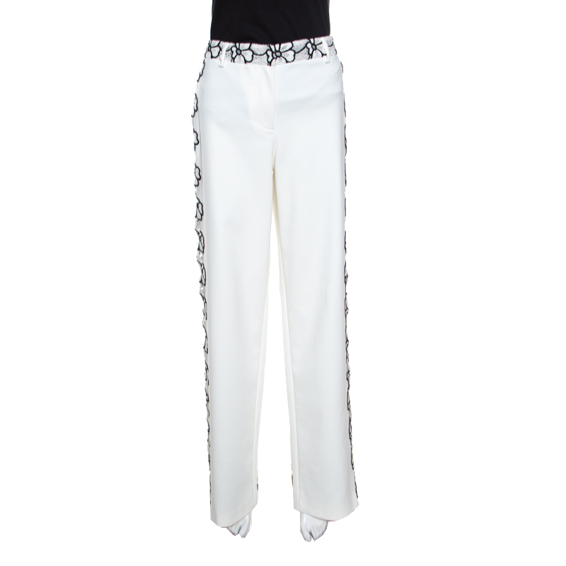 Pre Owned Emanuel Ungaro White And Black Floral Lace Trim Straight Fit Trousers L
