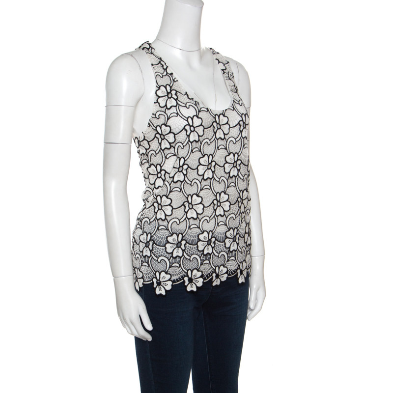 

Emanuel Ungaro White and Black Semi Sheer Floral Lace Cotton Tank Top