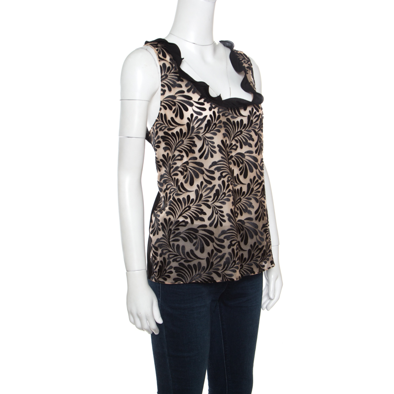 

Emanuel Ungaro Black And Beige Foliage Embroidered Sleeveless Top