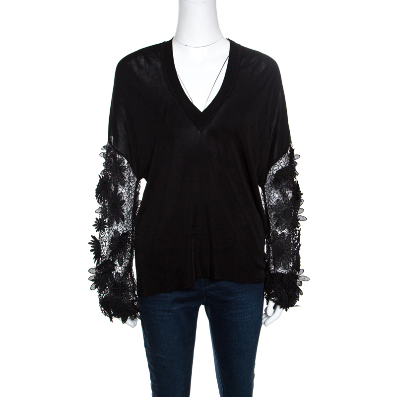 Emanuel Ungaro Black Floral Applique Lace Sleeve Detail V Neck Pullover L