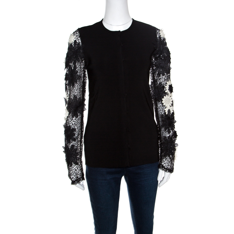 Pre Owned Emanuel Ungaro Black Floral Applique Lace Sleeve Detail Cardigan  L