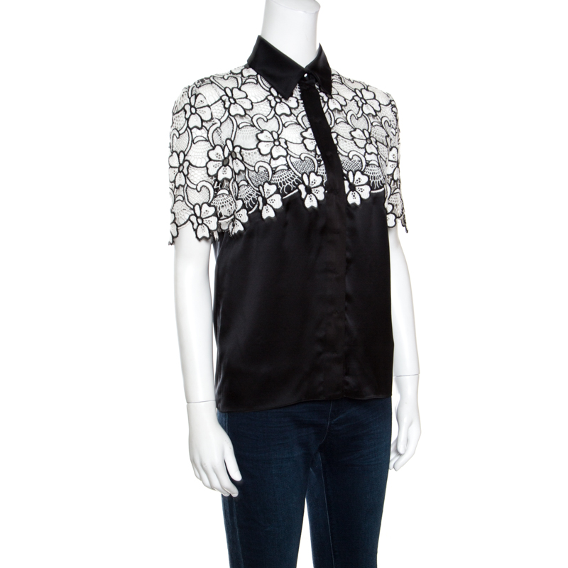 

Emanuel Ungaro Monochrome Floral Lace Cut Out Bodice Silk Blouse, Black