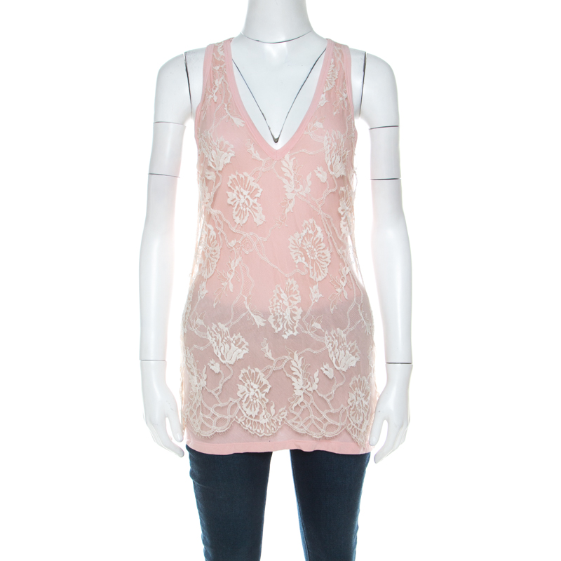 

Emanuel Ungaro Pale Pink Floral Lace Overlay Tank Top