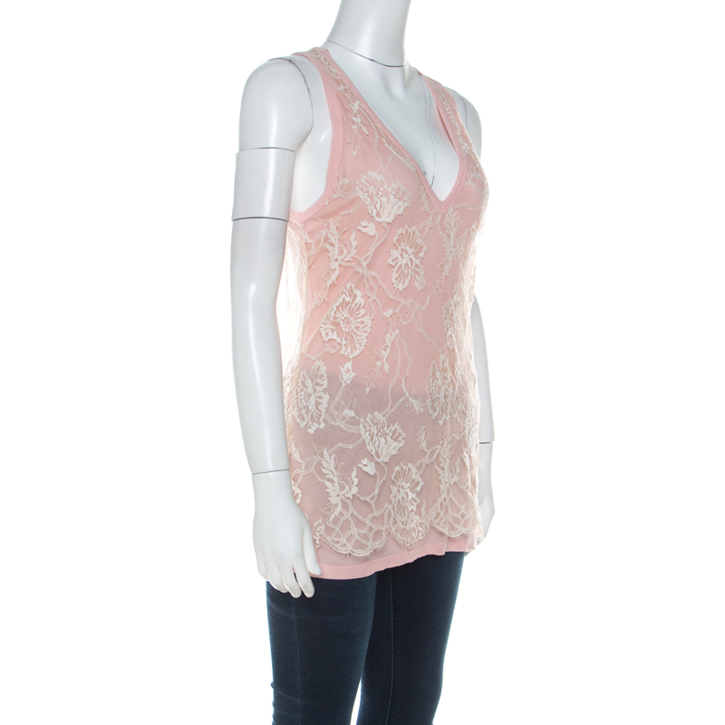 Pre-owned Emanuel Ungaro Pale Pink Floral Lace Overlay Tank Top L