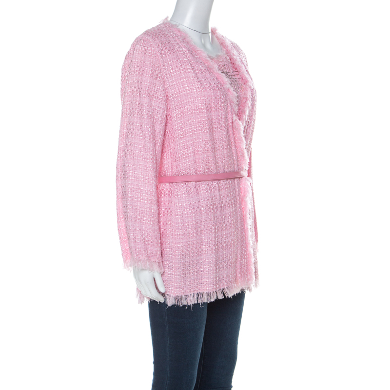 

Emanuel Ungaro Pink Tweed Embellished Detail Top & Belted Jacket Set