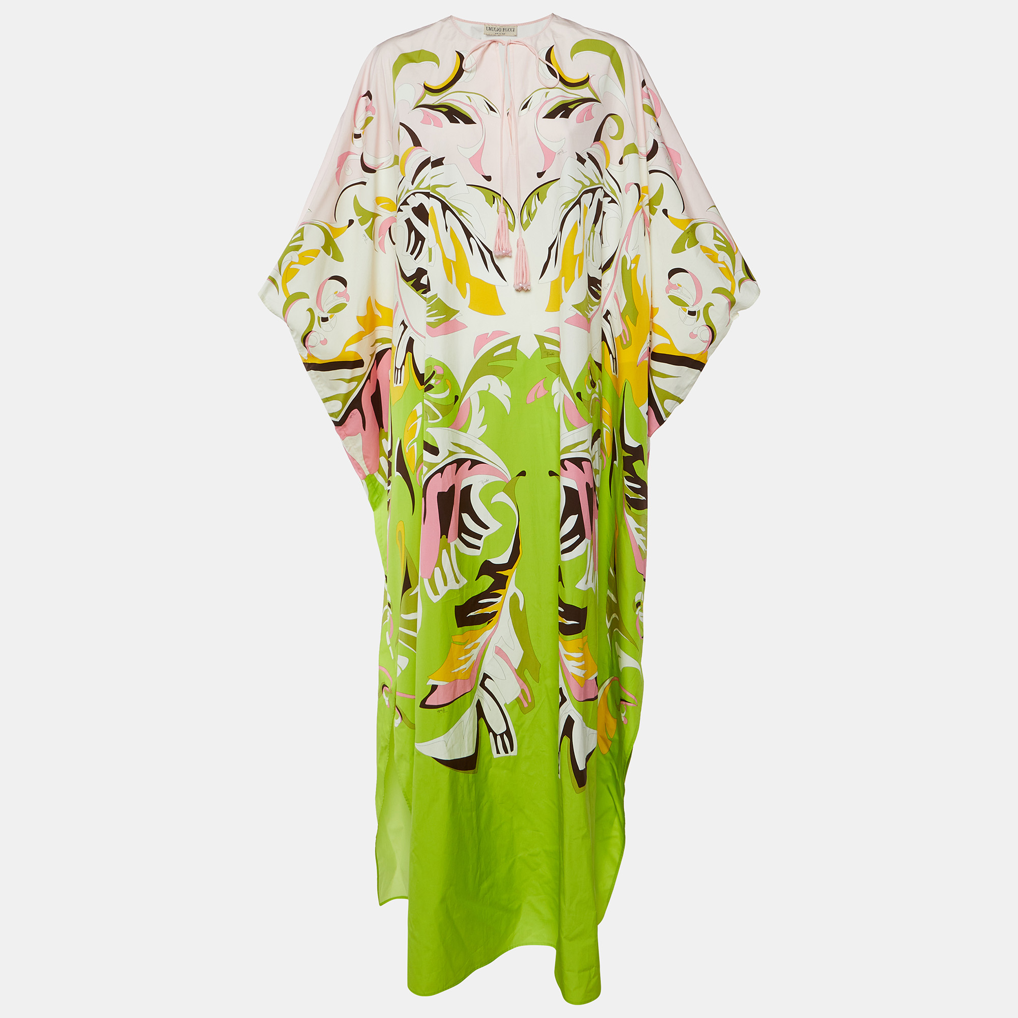 Pre-owned Emilio Pucci Pink/green Platani Print Cotton Kaftan One Size