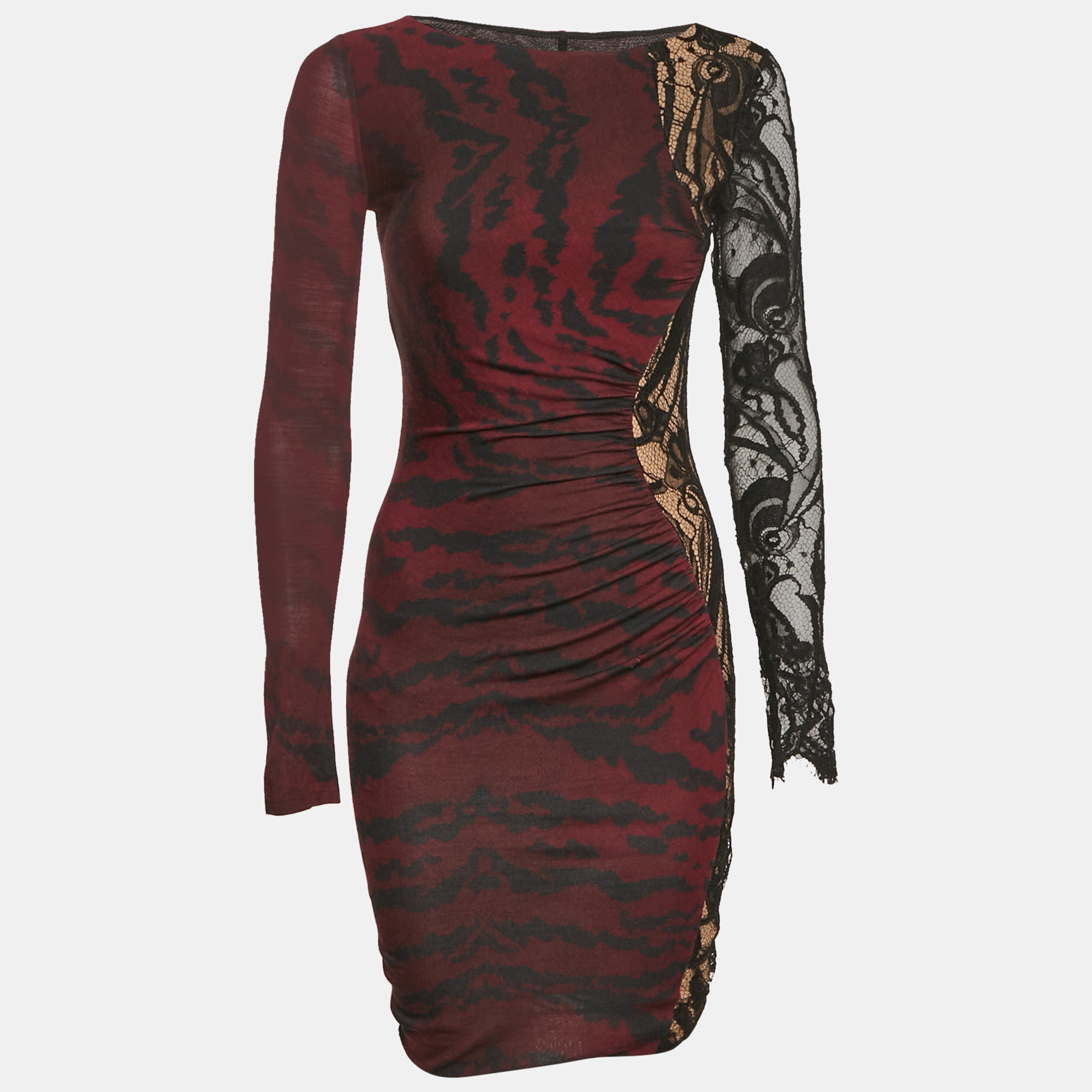

Emilio Pucci Burgundy Printed Jersey and Lace Trim Mini Dress S