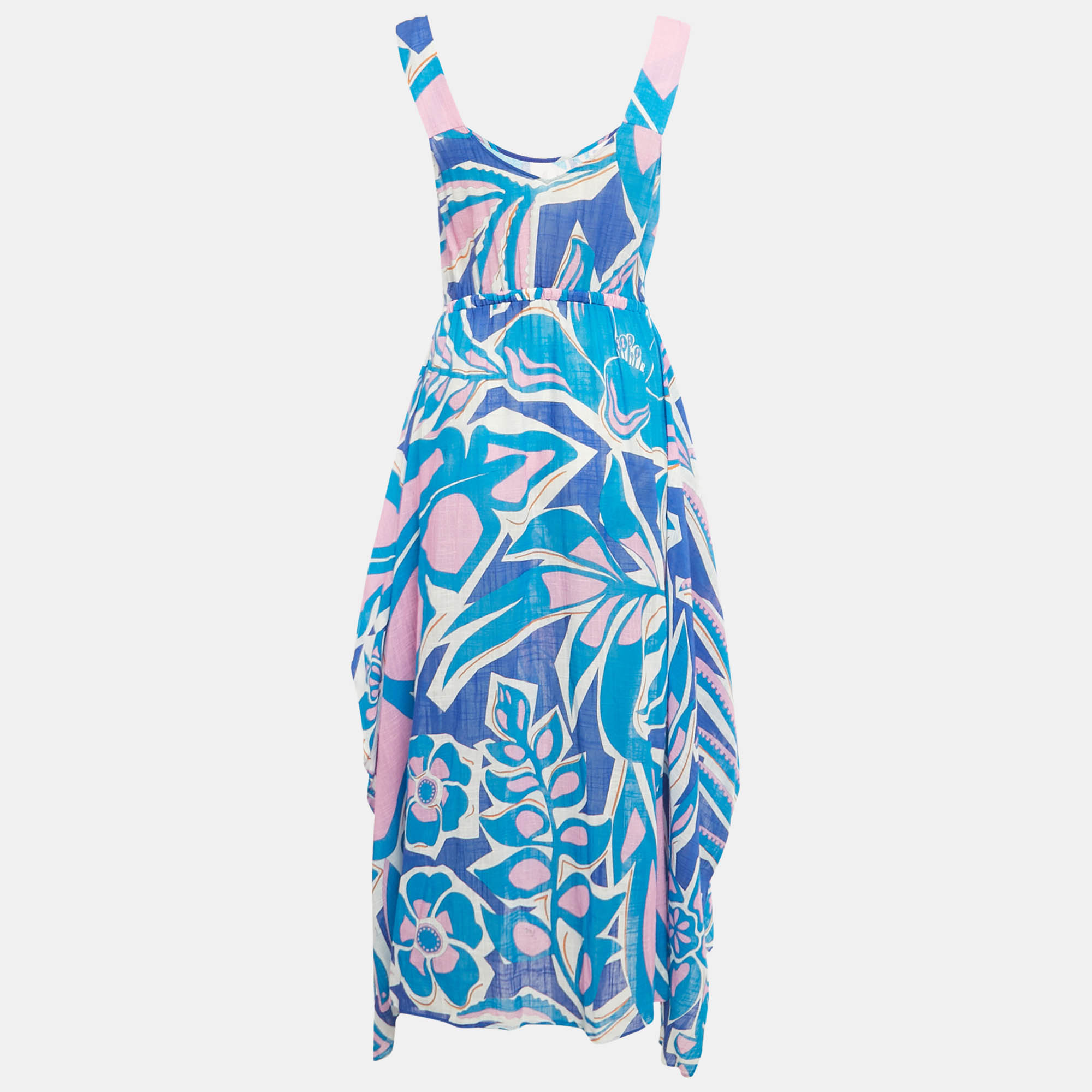 Pre-owned Pucci Blue Printed Cotton Asymmetric Hem Midi Dress M