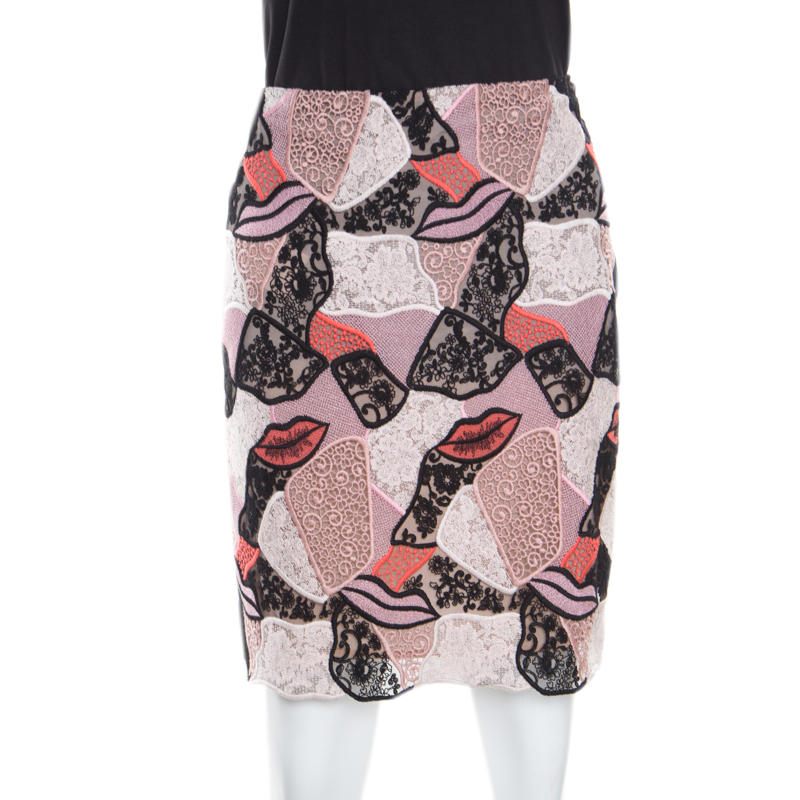 تنورة مستقيمة إيميليو بوتشي طباعة شفايف ورقع مكرمية متعددة الألوان S