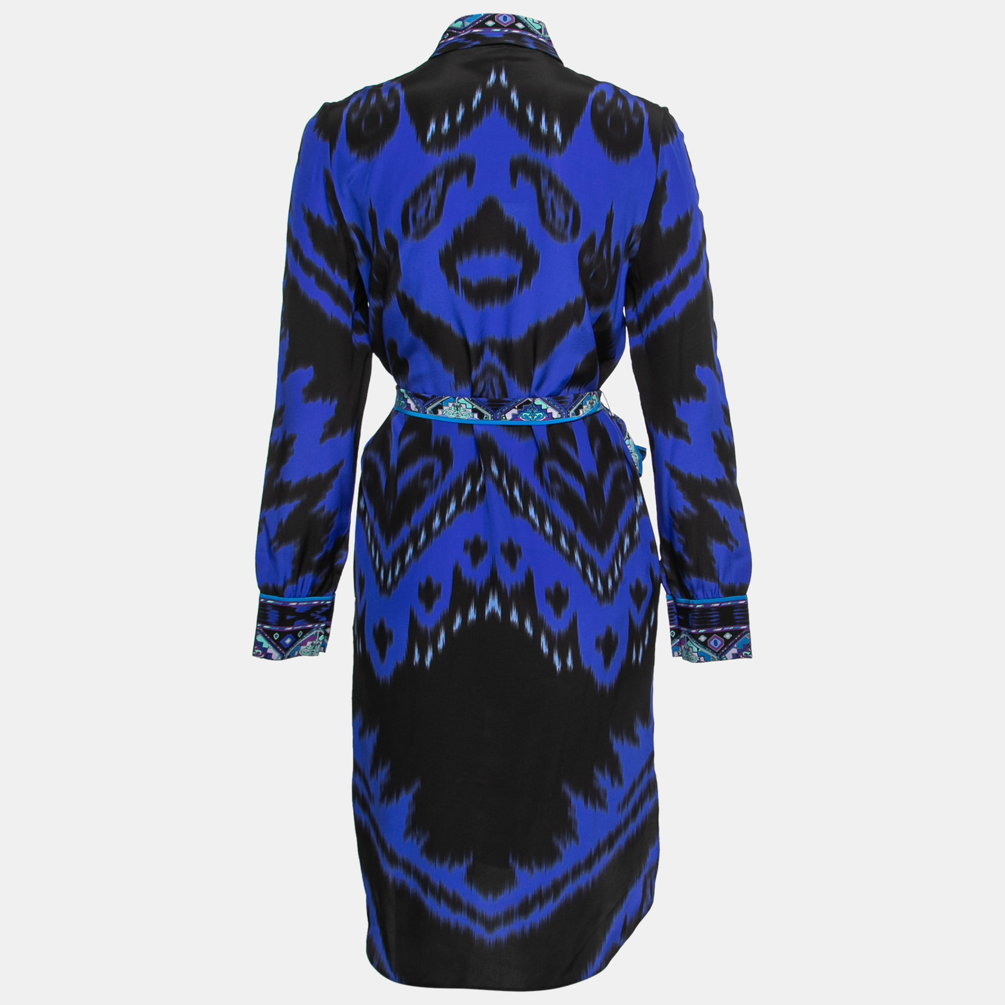 

Emilio Pucci Blue Multicolor Printed Silk Belted Shirt Dress