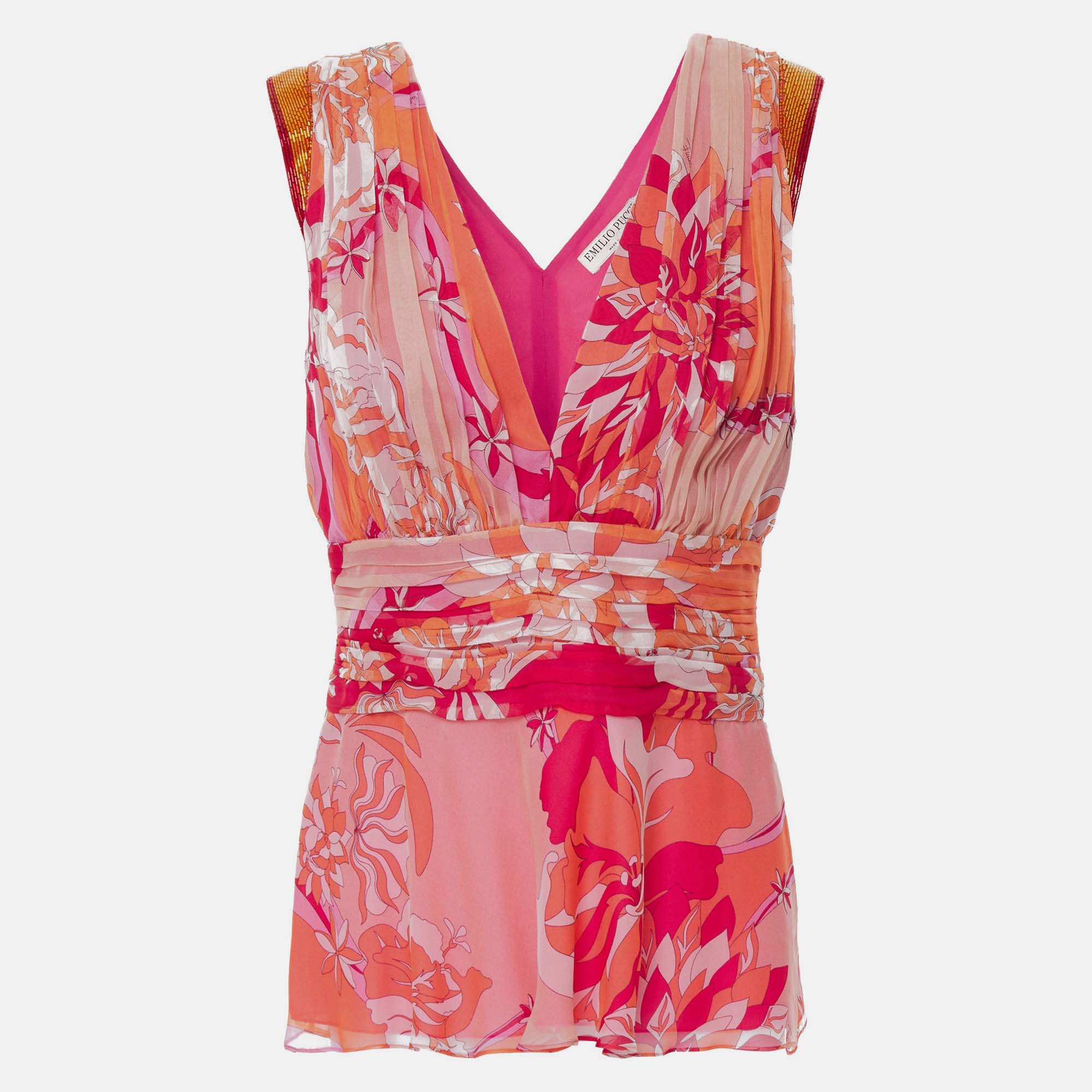 

Emilio Pucci Pink Printed Silk Embellished Top  (IT 42