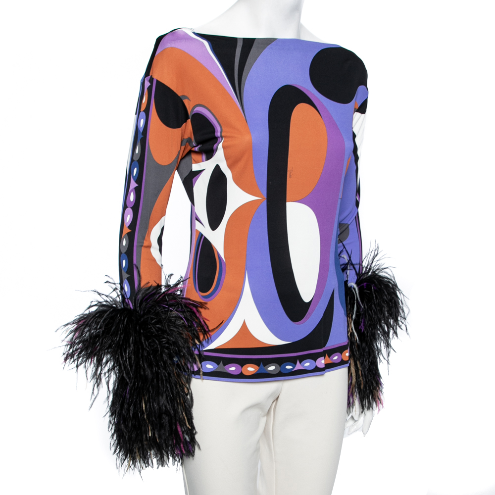 

Emilio Pucci Archivio Multicolor Printed Jersey Feather Trim Top