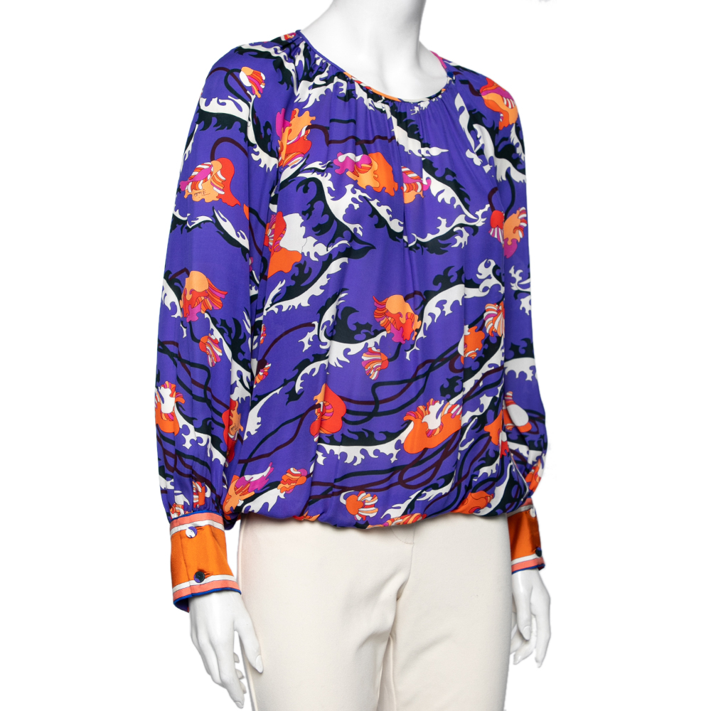 

Emilio Pucci Archivio Blue Printed Silk Bishop Sleeves Top