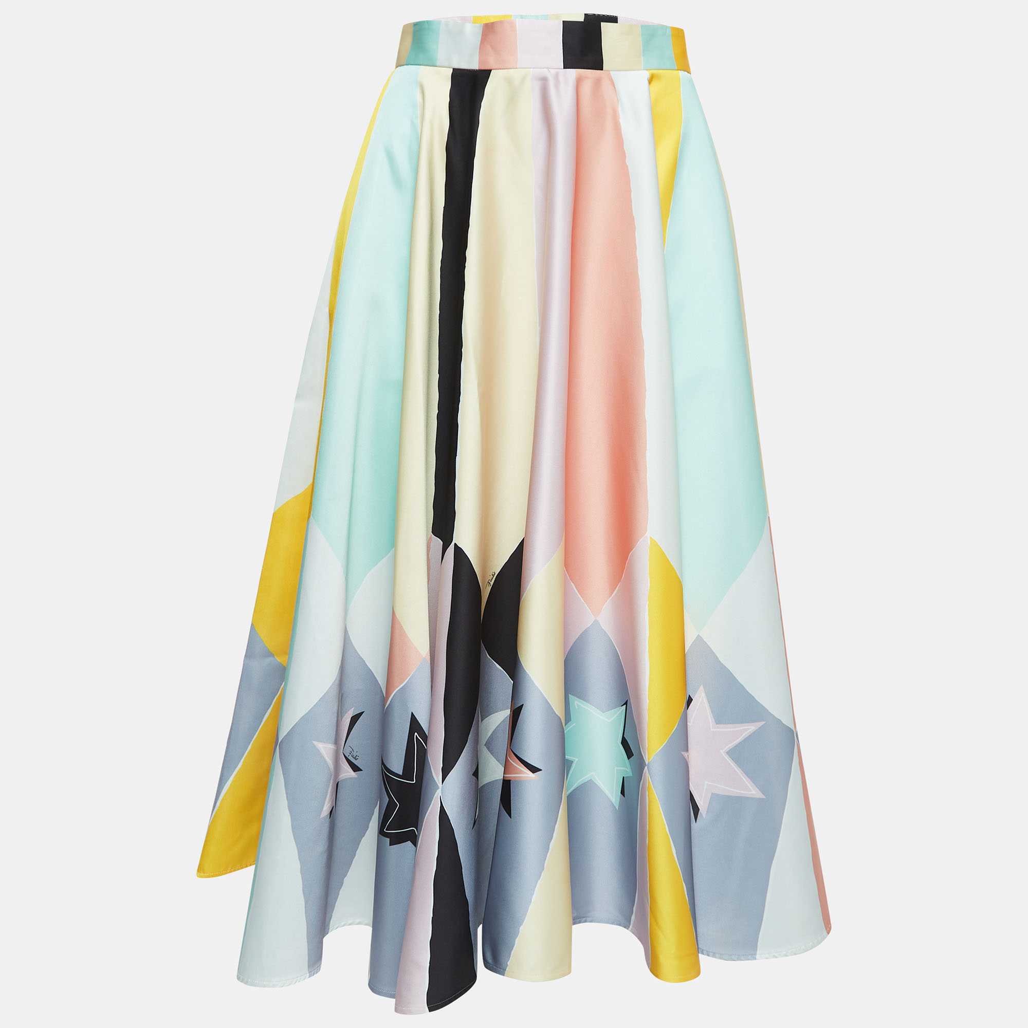 Pre-owned Emilio Pucci Archivio Multicolor Printed Satin Flared Maxi Skirt M