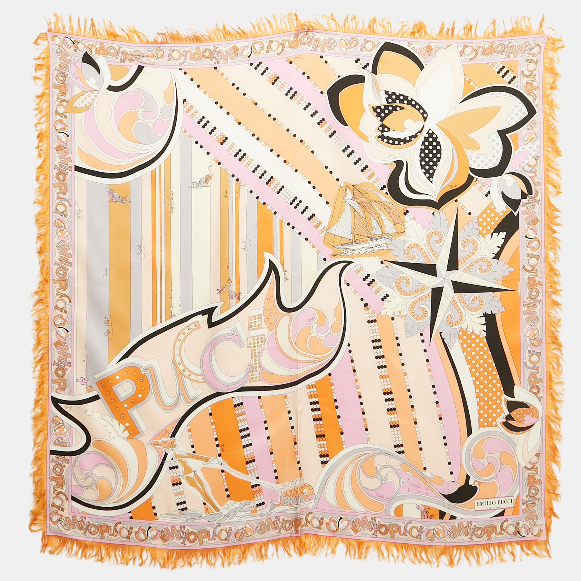 

Emilio Pucci Orange/Pink Printed Silk Fringed Scarf