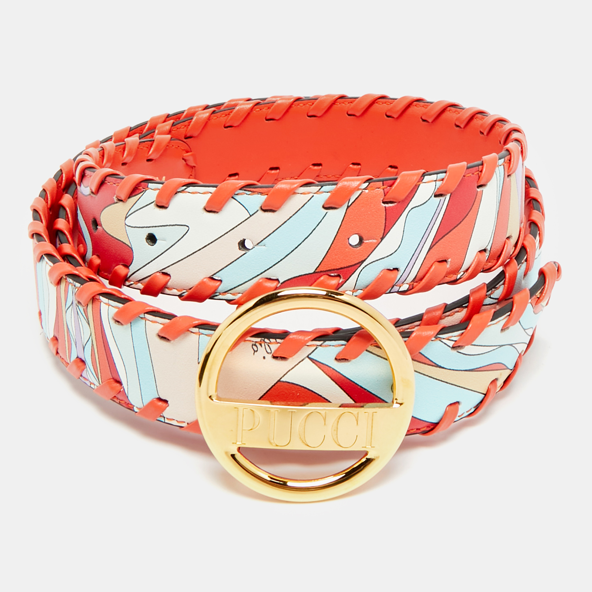 

Emilio Pucci Whipstitch  Round Buckle Orange Printed Leather