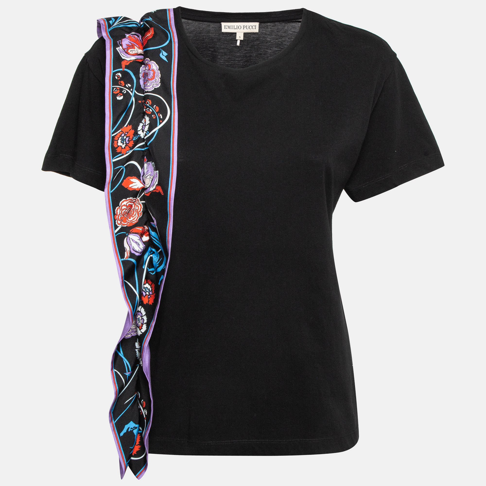 

Emilio Pucci Black Floral Print Silk Frill Jersey T-Shirt S