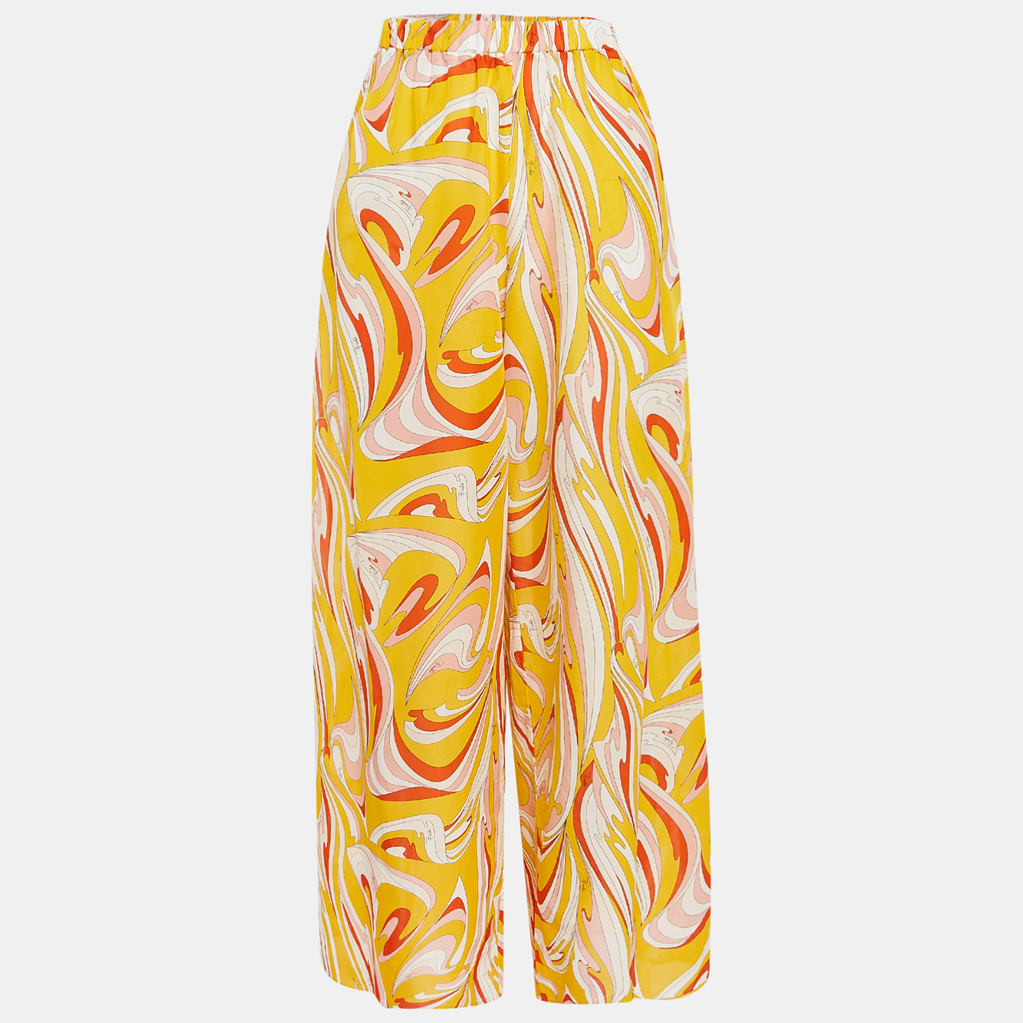 

Emilio Pucci Yellow Fluilio Print Cotton Blend Wide Leg Trousers L