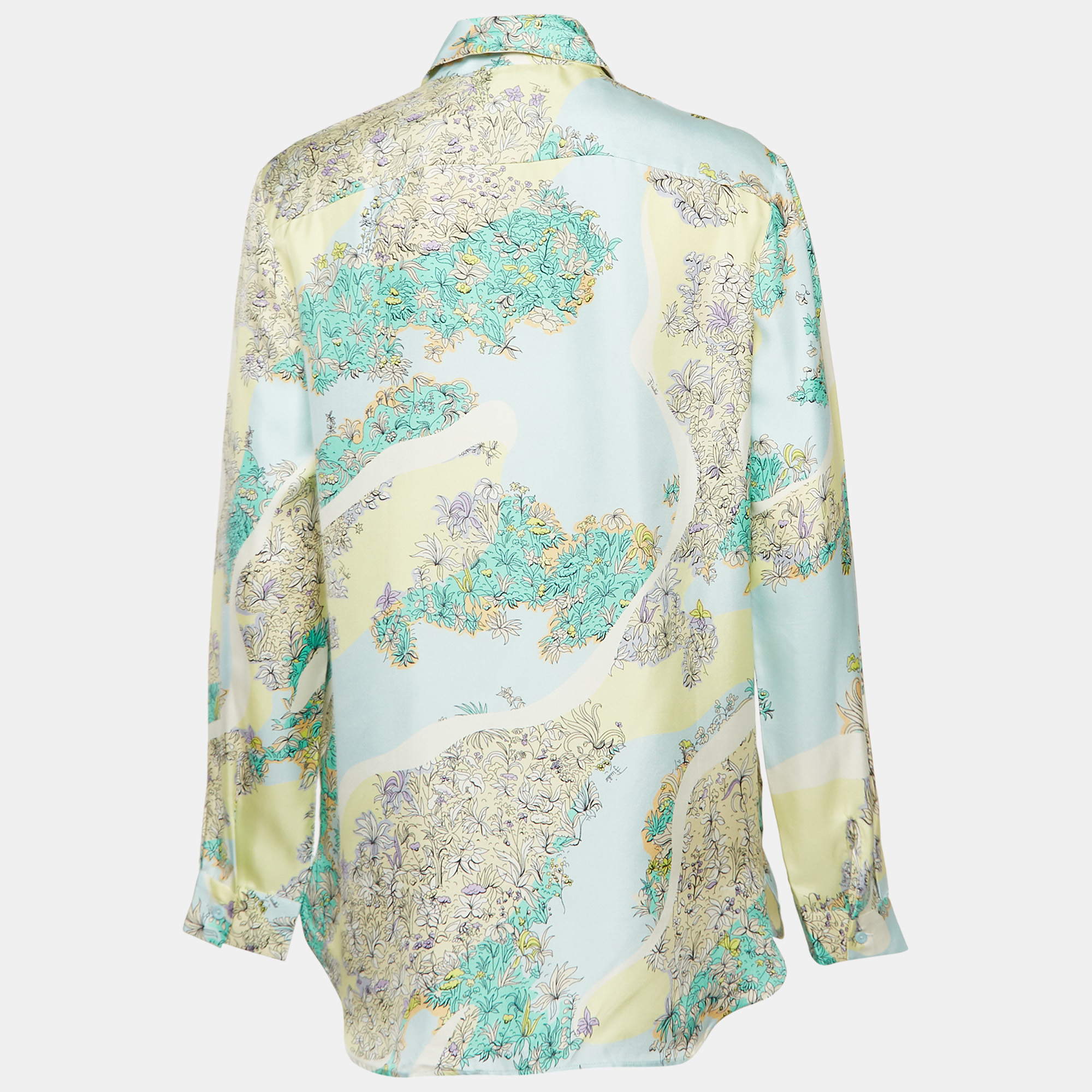 Emilio Pucci Multicolor Floral Print Silk Lace Trim Shirt S 