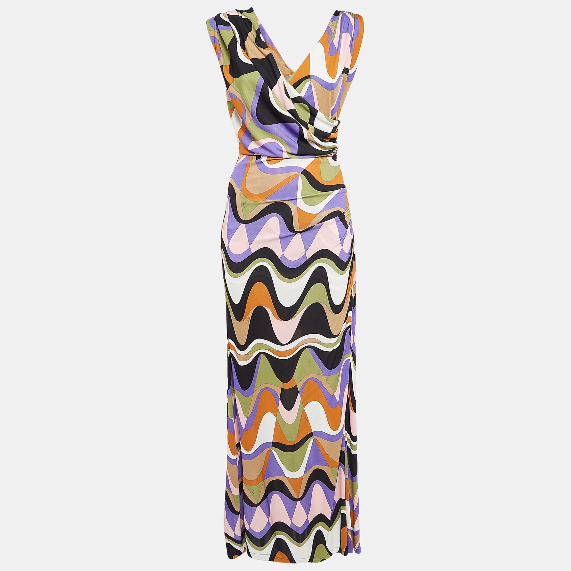 

Emilio Pucci Multicolor Printed Jersey Ruched Maxi Dress S