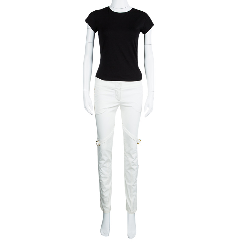 

Emilio Pucci White Cotton Twill Criss Cross Eyelet Detail Tapered Pants