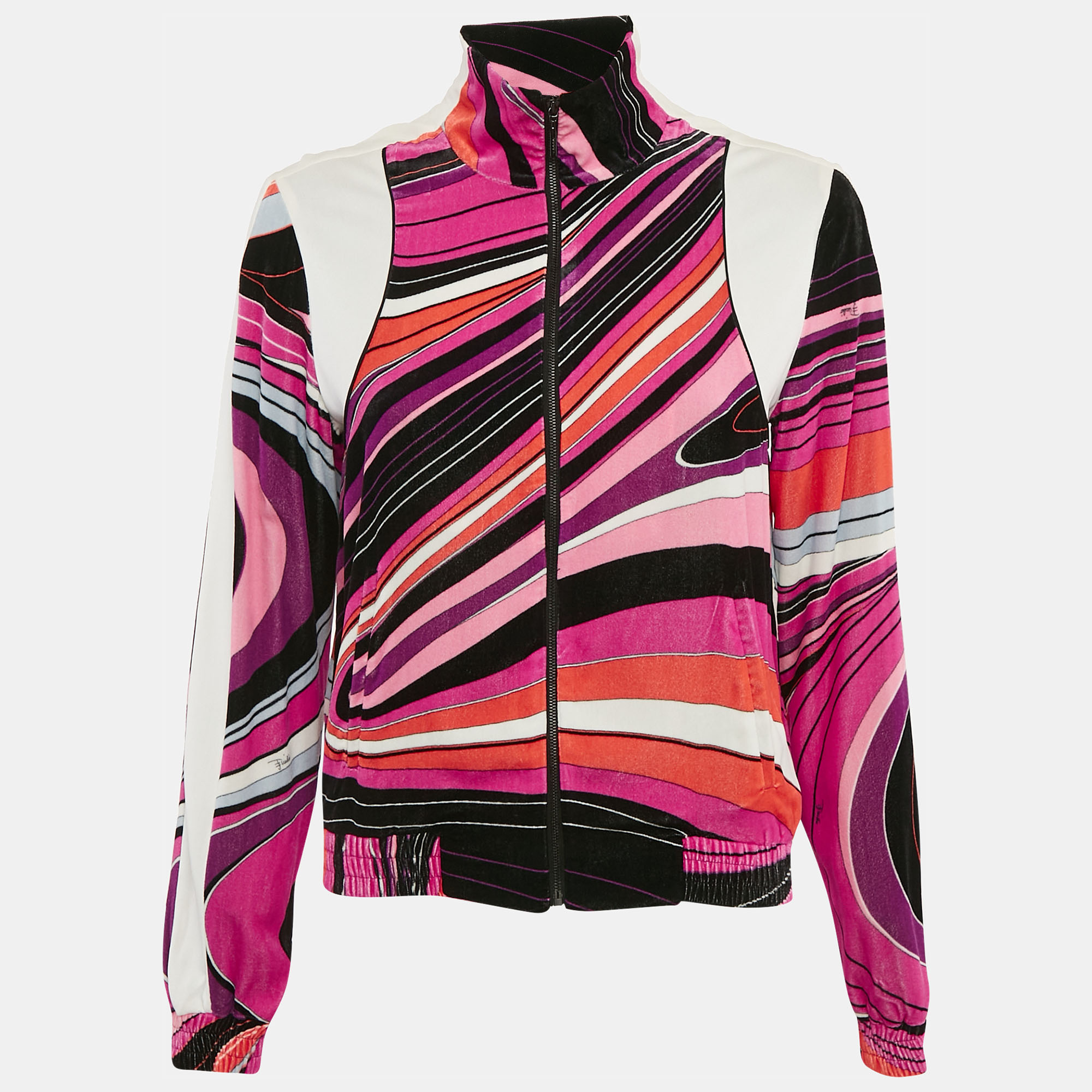 

Emilio Pucci Pink/Multicolor Printed Velvet Zip-Up Bomber Jacket S