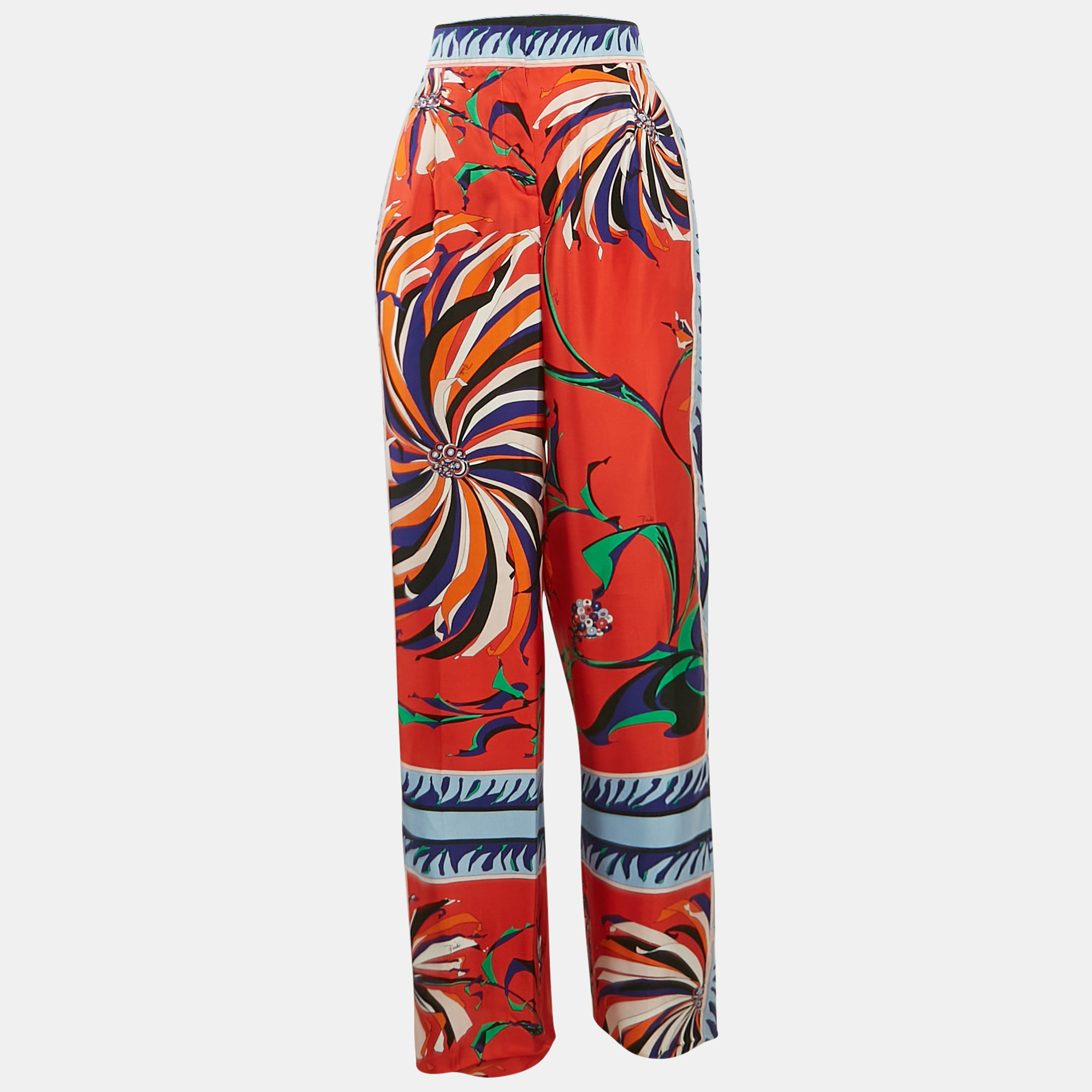 

Emilio Pucci Blue/Red Printed Silk Wide Leg Trousers M